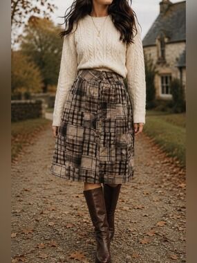 Patchwork Plaid Midi Skirt Cottagecore Academia Pockets Lined M
